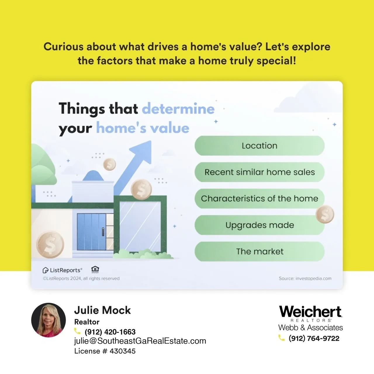 Graphic titled &lsquo;Things that determine your home&rsquo;s value,&rsquo; listing factors such as location, recent similar home sales, characteristics of the home, upgrades made, and the market. The background features an illustration of a house with dollar coins, and below are contact details for Realtor Julie Mock from Weichert Realtors &ndash; Webb & Associates.
