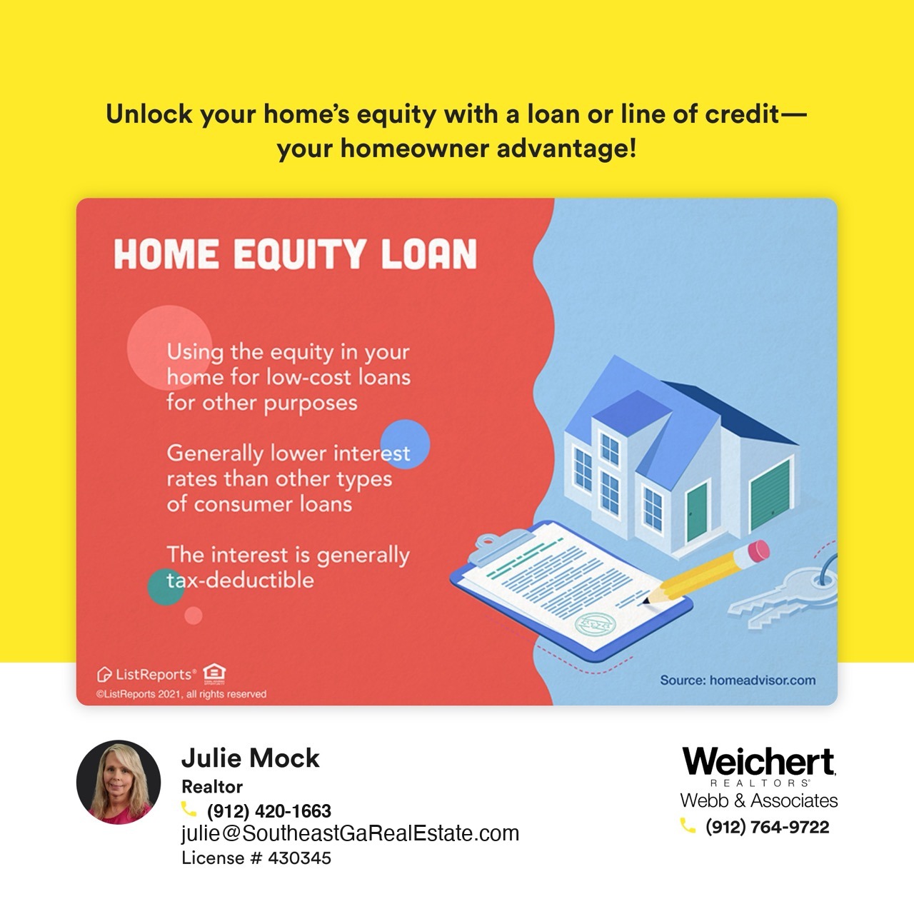 Illustration explaining the benefits of a home equity loan, including low-cost borrowing options, lower interest rates, and tax-deductible interest, with contact details for Realtor Julie Mock at Weichert Realtors – Webb & Associates in Statesboro, Georgia.