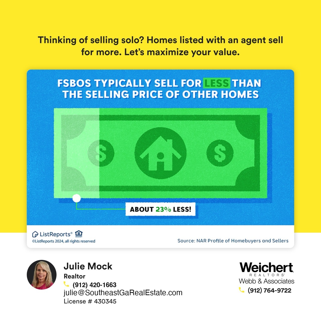 Thinking of selling solo? Homes listed with an agent typically sell for more! FSBO homes sell for about 23% less on average. Let’s maximize your home’s value together!