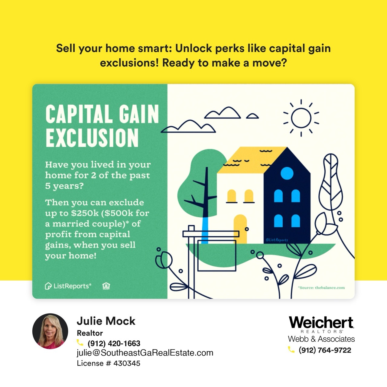 Thinking of selling your home? Discover the perks of the capital gain exclusion and keep more of your profit! Contact Julie Mock for expert guidance on maximizing your home&rsquo;s value and taking advantage of this tax benefit.