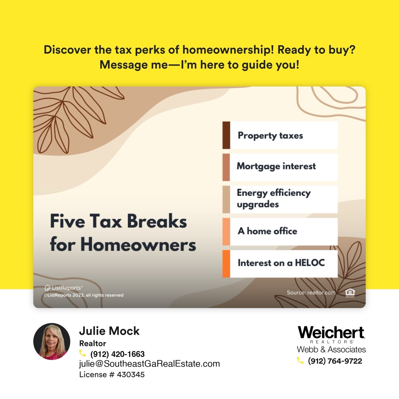 Graphic highlighting five tax breaks for homeowners: property taxes, mortgage interest, energy efficiency upgrades, home office, and HELOC interest, with Julie Mock&rsquo;s contact information at Weichert Realtors &ndash; Webb & Associates in Statesboro, Georgia.