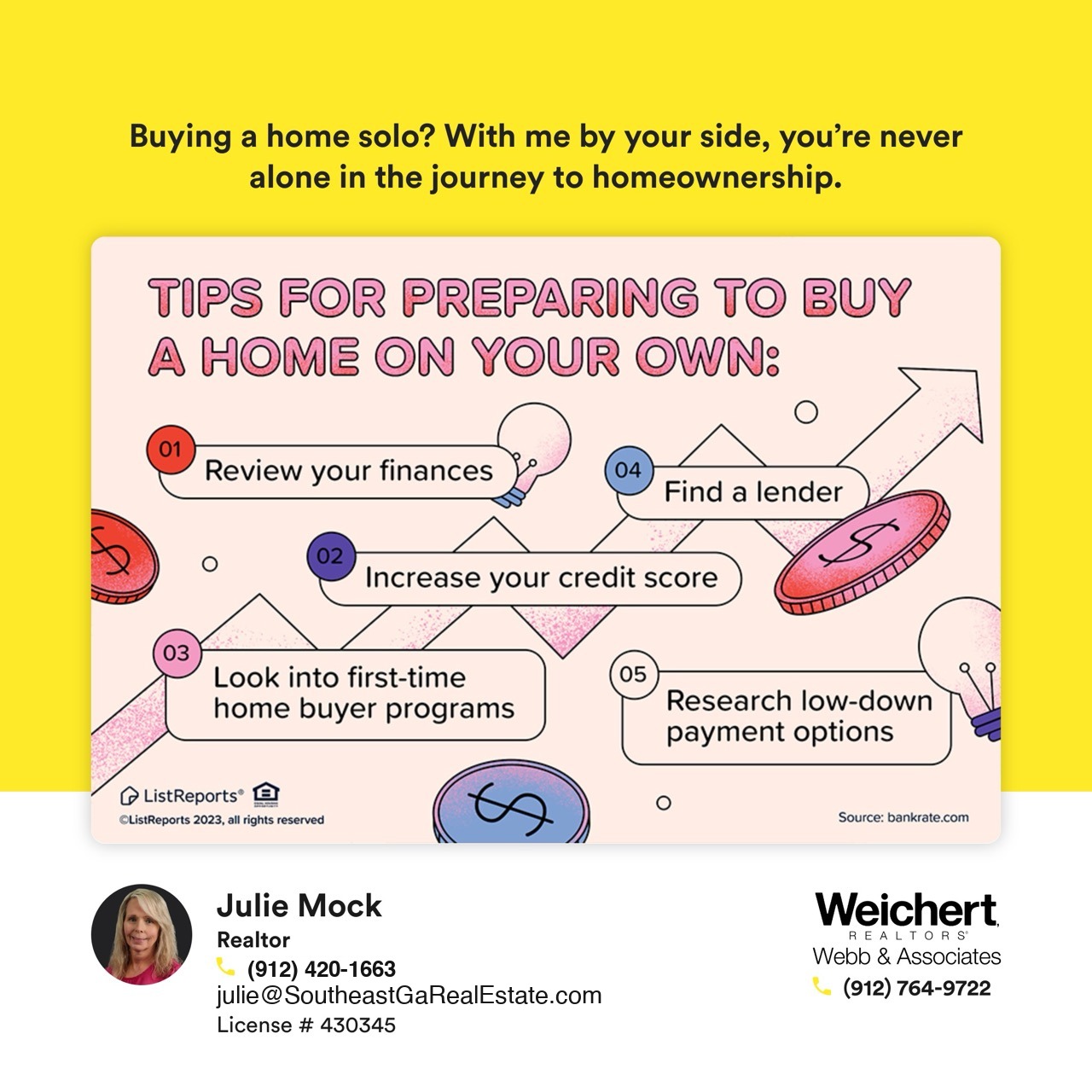 Graphic with tips for preparing to buy a home on your own, including reviewing finances, increasing your credit score, finding a lender, exploring first-time homebuyer programs, and researching low-down payment options. Contact information for Realtor Julie Mock of Weichert Realtors – Webb & Associates is included.